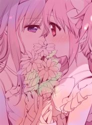 Rule 34 | 2girls, akemi homura, blush, bouquet, close-up, covering own mouth, covering privates, eye contact, eyelashes, face-to-face, flower, frilled sleeves, frills, hair ribbon, half-closed eyes, holding, holding bouquet, holding hands, imminent kiss, kaname madoka, leaf, long hair, looking at another, mahou shoujo madoka magica, mahou shoujo madoka magica (anime), multiple girls, parted bangs, pink eyes, pink hair, profile, purple eyes, purple hair, ribbon, straight hair, thread, upper body, white ribbon, wide-eyed, yamada ako, yuri