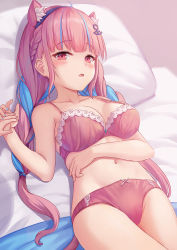 Rule 34 | 1girl, animal ears, bare shoulders, blue hair, blush, bra, braid, breasts, cat ears, cat tail, cleavage, collarbone, colored inner hair, drill hair, french braid, hairband, highres, holding hands, hololive, large breasts, long hair, looking at viewer, lying, milkshakework, minato aqua, multicolored hair, navel, on back, on bed, open mouth, out of frame, panties, pillow, pink bra, pink panties, purple eyes, purple hair, tail, thighs, twin drills, twintails, two-tone hair, underwear, virtual youtuber