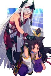 Rule 34 | 2girls, animal ears, armor, armored dress, asymmetrical sleeves, bare shoulders, black gloves, black hair, blue eyes, blue panties, blush, breast curtains, breasts, cleavage, cleavage cutout, clothing cutout, detached sleeves, dog ears, dress, echo (circa), fate/grand order, fate (series), feather hair ornament, feathers, gloves, hair bun, hair ornament, horns, japanese armor, kiichi hougen (fate), large breasts, long hair, medium breasts, mismatched sleeves, multiple girls, open mouth, orange eyes, panties, parted bangs, petting, pointy ears, red armor, side ponytail, sidelocks, single side bun, smile, squatting, tassel, thighs, underwear, ushiwakamaru (fate), very long hair, white dress, white hair, wide sleeves
