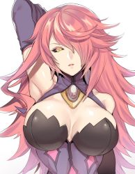 Rule 34 | 1girl, armpits, black sclera, blazblue, blazblue: central fiction, breasts, cleavage, colored sclera, gloves, hair over one eye, konoe a. mercury, large breasts, long hair, looking at viewer, pink hair, solo, uzukinoko, yellow eyes