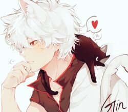 Rule 34 | 1boy, anger vein, animal, animal on shoulder, annoyed, black cat, cat, cat boy, cat tail, commentary request, english text, gintama, grey hair, hand on own face, heart, light smile, lm skeleton, male focus, red eyes, sakata gintoki, solo, spoken anger vein, spoken heart, tail, upper body, white background