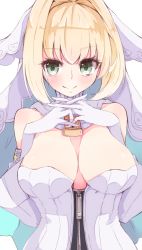 Rule 34 | 10s, 1girl, blonde hair, blush, breasts, bridal veil, cleavage, enelis, fate/extra, fate/extra ccc, fate (series), gloves, green eyes, hair intakes, highres, interlocked fingers, lock, medium breasts, nero claudius (bride) (fate), nero claudius (bride) (second ascension) (fate), nero claudius (fate), nero claudius (fate) (all), padlock, short hair, smile, solo, upper body, veil, white gloves, zipper