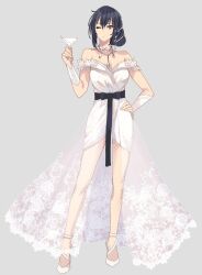 Rule 34 | 1girl, alternate costume, alternate hairstyle, bare shoulders, black hair, breasts, cup, dress, floral print, full body, grey background, hair between eyes, hand on own hip, high heels, holding, holding cup, jewelry, kantai collection, kasumi (skchkko), looking at viewer, medium breasts, nagato (kancolle), necklace, one eye closed, red eyes, simple background, solo, standing, strapless, strapless dress, white dress, white footwear