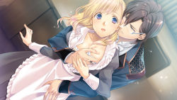Rule 34 | 1boy, 1girl, blonde hair, blouse, blue eyes, bra, grabbing another&#039;s breast, claire eithea, couple, curly hair, game cg, glasses, grabbing, hetero, louis reed, maid, open clothes, open mouth, open shirt, orfleurs, shirt, underwear