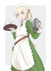 Rule 34 | :d, alternate costume, apron, blonde hair, blue eyes, character name, cup, dress, enmaided, from below, green dress, hair ribbon, holding, holding pot, holding tray, kantai collection, kettle, kugui kiyunemu, long hair, looking at viewer, maid, maid apron, maid headdress, official alternate costume, open mouth, orange ribbon, pot, ribbon, shin&#039;you (kancolle), side ponytail, simple background, smile, solo, teacup, tray