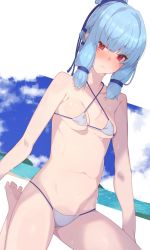 1girl bare_arms bare_shoulders bikini blue_hair blush breasts closed_mouth collarbone criss-cross_halter day grey_bikini halterneck kotonoha_aoi looking_at_viewer navel red_eyes small_breasts solo sweat swimsuit voiceroid zoruboi