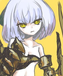 Rule 34 | 1girl, ame no hi, blunt bangs, collarbone, convenient censoring, gauntlets, head tilt, looking at viewer, nude, short hair, simple background, solo, white hair, yellow background, yellow eyes