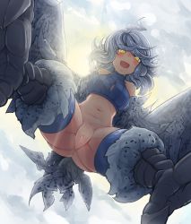 Rule 34 | 1girl, :d, ahoge, anus, ass, backlighting, bare shoulders, bird tail, blush, bottomless, breasts, cleft of venus, cloud, digitigrade, from below, grey hair, halterneck, harpy, harpy (monster girl encyclopedia), highres, looking at viewer, looking down, medium breasts, medium hair, monster girl, monster girl encyclopedia, nanostar, navel, open mouth, pussy, smile, solo, tail, uncensored, winged arms, wings, yellow eyes