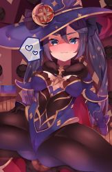 Rule 34 | 1girl, ass, atsutoku, black gloves, blue eyes, blush, bodysuit, breasts, genshin impact, gloves, hat, heart, highres, leotard, looking at viewer, mona (genshin impact), purple hair, smile, solo, spoken heart, spread legs, twintails, witch hat