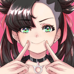 Rule 34 | 1girl, asymmetrical bangs, black choker, black hair, choker, close-up, closed mouth, commentary request, creatures (company), fingersmile, forced smile, furrowed brow, game freak, green eyes, hair ribbon, hands up, highres, looking at viewer, marnie (pokemon), nintendo, pendant choker, pink background, pink ribbon, pokemon, pokemon swsh, portrait, ribbon, smile, solo, twintails, two side up, uyumaru art
