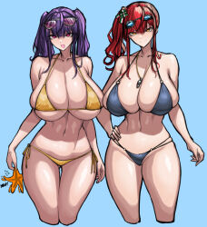 Rule 34 | 2girls, absurdres, azur lane, bikini, breasts, cleavage, closed mouth, collarbone, cowboy shot, curvy, goggles, goggles on head, hair ribbon, hand on own hip, heart, heart in mouth, highres, huge breasts, looking at viewer, medium hair, mole, mole under eye, multiple girls, navel, open mouth, pink eyes, pola (azur lane), pola (seaside coincidence) (azur lane), purple hair, red hair, ribbon, sagging breasts, sidelocks, skindentation, smile, standing, starfish, sunglasses, sunglasses on head, swim goggles, swimsuit, thick thighs, thighs, twintails, whistle, whistle around neck, wide hips, wolffeld price, yellow eyes, zara (azur lane), zara (poolside coincidence) (azur lane)