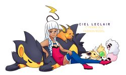 Rule 34 | 1girl, = =, alternate color, beauty (pokemon), blunt bangs, character name, ciel leclair, closed eyes, commentary, creatures (company), dark skin, dress, eeveelution project, english text, eye contact, flaaffy, game freak, gen 1 pokemon, gen 2 pokemon, gen 4 pokemon, jolteon, long hair, looking at another, looking at viewer, loony bear, luxray, nintendo, npc trainer, open mouth, original, pokemon, pokemon (creature), raichu, shiny pokemon, simple background, sitting, sleeping, smile, thighhighs, vest, white background, white hair, zettai ryouiki