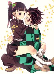 Rule 34 | 1boy, 1girl, belt, black hair, boots, bug, butterfly, butterfly hair ornament, closed mouth, cross-laced footwear, earrings, hair ornament, haori, highres, hug, insect, japanese clothes, jewelry, kamado tanjirou, kimetsu no yaiba, knee boots, lace-up boots, leg lock, long hair, long sleeves, looking at another, purple eyes, scar, scar on face, scar on forehead, shirokuma (shiropan777), shoe soles, side ponytail, sitting, sitting on person, skirt, tsuyuri kanao, uniform, white belt