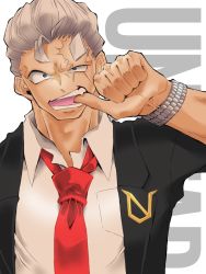 Rule 34 | 1boy, andy (undead unluck), biting, black jacket, bracelet, copyright name, finger biting, grey hair, hand up, jacket, jewelry, looking at viewer, male focus, necktie, red necktie, sakakiryou, scar, shirt, solo, undead unluck, upper body, white shirt