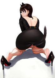 Rule 34 | 1girl, anal, anal object insertion, anal tail, animal ears, ass, back, backless dress, backless outfit, bare legs, black dress, black footwear, black hair, blue eyes, cat ears, clothes lift, commentary, dress, dress lift, fake animal ears, fake tail, from behind, full body, furrowed brow, high heels, highres, kneeling, lips, looking at viewer, looking back, medium hair, neko neko koneko, object insertion, original, paid reward available, panties, parted lips, partially visible vulva, pencil dress, shadow, short dress, simple background, solo, tail, thong, underwear, white background, white panties