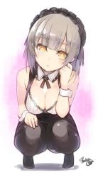 Rule 34 | 1girl, bare shoulders, black pantyhose, breasts, cleavage, detached collar, grey hair, hairband, head tilt, looking at viewer, minoa (lastswallow), no shoes, original, pantyhose, short hair, signature, sleeveless, solo, tiptoes, wrist cuffs, yellow eyes