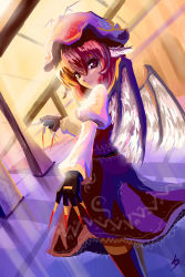 Rule 34 | 1girl, absurdres, brown hat, claws, dutch angle, female focus, fingerless gloves, fingernails, gloves, hair between eyes, hat, highres, jpeg artifacts, long fingernails, looking back, mystia lorelei, red thighhighs, short hair, solo, sunset xi, thighhighs, touhou, wings, yuugyou you