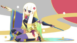 Rule 34 | 1girl, chan co, full body, grey hair, japanese clothes, katanagatari, long hair, looking at viewer, mouth hold, on one knee, outstretched arms, red eyes, solo, spread arms, sword, togame, very long hair, wallpaper, weapon, white hair