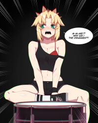Rule 34 | 1girl, absurdres, bare shoulders, black shorts, black tank top, blonde hair, bra, breasts, english text, fate/grand order, fate (series), green eyes, highres, hyperbudd, long hair, looking to the side, midriff, mordred (fate), mordred (fate/apocrypha), navel, parted bangs, ponytail, red bra, shorts, sidelocks, sitting, small breasts, solo, speech bubble, tank top, underwear