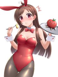 Rule 34 | 1girl, :t, ^^^, animal ears, apple, apple rabbit, bare shoulders, blush, bow, bowtie, breasts, chewing, cleavage, covered navel, cowboy shot, detached collar, eating, fake animal ears, food, food art, fork, fruit, gluteal fold, hair behind ear, hair ornament, hairband, hairclip, holding, holding fork, holding tray, idolmaster, idolmaster cinderella girls, leotard, looking at viewer, medium breasts, pantyhose, pataneet, playboy bunny, rabbit ears, red leotard, shiny clothes, sidelocks, simple background, solo, strapless, strapless leotard, surprised, sweat, thigh gap, tray, tsujino akari, white background, wrist cuffs
