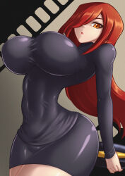 Rule 34 | 1girl, breasts, brown background, covered navel, fenrox, film strip, frown, hair over one eye, huge breasts, krieg (skullgirls), lipstick, long hair, makeup, parasoul (skullgirls), red hair, red lips, skullgirls, solo, wide hips, yellow eyes