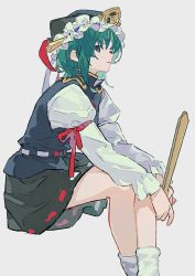 Rule 34 | 1girl, black hat, black skirt, blue eyes, blue vest, bow, buttons, closed mouth, frills, green hair, grey background, hair between eyes, hat, hat ribbon, long sleeves, looking at viewer, puffy sleeves, qiqu, red bow, red ribbon, ribbon, shiki eiki, shirt, short hair, simple background, sitting, skirt, socks, solo, touhou, vest, white ribbon, white shirt, white socks