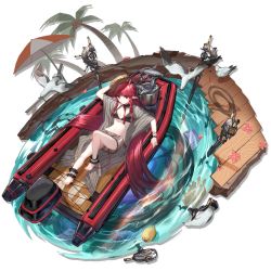 Rule 34 | ankle cuffs, arknights, arm up, bare legs, barefoot, beach umbrella, bikini, bikini skirt, bird, black bikini, braid, hat, highres, horns, long hair, looking at viewer, lying, miniskirt, official alternate costume, official art, on back, palm tree, pointy ears, red eyes, red hair, rubber duck, see-through, shawl, single horn, skirt, solo, sun hat, swimsuit, thighs, transparent background, tree, twin braids, umbrella, very long hair, vigna (arknights), vigna (casual vacation) (arknights), water, xiayehongming