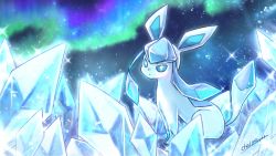 Rule 34 | blue eyes, chaimo box, closed mouth, commentary request, creatures (company), crystal, game freak, gen 4 pokemon, glaceon, looking at viewer, looking to the side, nintendo, no humans, pokemon, pokemon (creature), signature, solo, sparkle, watermark