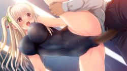 Rule 34 | 1boy, 1girl, asahina konomi, blonde hair, blush, bodypaint, bow, breasts, censored, cherry, clothed male nude female, doggystyle, food, fruit, game cg, green bow, guilty, hair bow, hetero, highres, indoors, leg grab, leg lift, leg up, long hair, mosaic censoring, navel, nipples, nude, one-piece swimsuit, open mouth, paint, painted clothes, penis, pussy, rape, red eyes, sex, sex from behind, spread legs, sweat, swimsuit, toriko no (series), toriko no kusari, twintails, vaginal