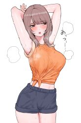 Rule 34 | 1girl, absurdres, armpits, arms behind head, arms up, blush, breasts, brown eyes, brown hair, commentary request, curvy, highres, hyoshiki, large breasts, long bangs, long hair, looking to the side, midriff, navel, open mouth, orange shirt, original, partial commentary, shiny skin, shirt, shorts, simple background, sleeves rolled up, solo, steam, steaming body, sweat, sweat stain, thighs, tied shirt, translation request, very sweaty, white background