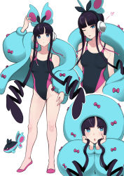 Rule 34 | 1girl, :o, absurdres, adapted costume, black hair, black one-piece swimsuit, blue eyes, blunt bangs, commentary, competition swimsuit, creatures (company), elesa (pokemon), eyelashes, finneon, flats, game freak, gen 4 pokemon, green jacket, head rest, heart, highres, jacket, knees, looking at viewer, multicolored hair, multiple views, nail polish, nintendo, nishikino kee, one-piece swimsuit, one eye closed, open clothes, open jacket, open mouth, parted lips, pink footwear, pokemon, pokemon (creature), pokemon bw2, sidelocks, standing, streaked hair, swimsuit