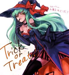 Rule 34 | 1girl, bow, breasts, c.c., c (rahit), choker, code geass, costume, elbow gloves, garter straps, gloves, green hair, halloween, hat, jack-o&#039;-lantern, long hair, rahit, skirt, solo, thighhighs, translated, trick or treat, witch, witch hat, yellow eyes
