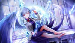 Rule 34 | 1girl, ahoge, arm up, arrow (symbol), artist request, barefoot, blue sky, bow, bowtie, breasts, closed mouth, collared dress, commentary request, copyright notice, dress, earth (planet), eyes visible through hair, feathers, flower, gem, gradient sky, grey hair, grey jacket, hair between eyes, hands up, highres, indoors, jacket, jewelry, kishin sagume, leaf, long sleeves, looking at viewer, medium breasts, moonlight, night, night sky, open clothes, open jacket, planet, purple dress, red bow, red bowtie, red eyes, short hair, single wing, sitting, sky, smile, solo, star (sky), starry sky, touhou, touhou danmaku kagura, wall, white flower, window, wings
