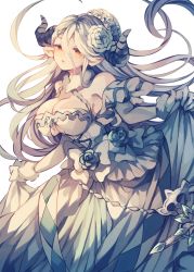 Rule 34 | 1girl, bad id, bad pixiv id, bare shoulders, blush, breasts, cleavage, collarbone, commentary request, draph, flower, gloves, granblue fantasy, hair between eyes, hair flower, hair ornament, highres, holding, holding clothes, holding skirt, horns, izmir, large breasts, long hair, looking at viewer, mole, mole under mouth, namakuby, pointy ears, red eyes, skirt, solo, white gloves
