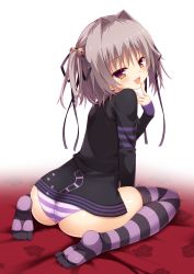 Rule 34 | 1girl, absurdres, ass, bell, blush, breasts, fang, finger to mouth, gradient eyes, grey hair, hair bell, hair ornament, hair ribbon, hapymaher, highres, looking at viewer, looking back, multicolored eyes, naitou maia, no pants, panties, purple panties, red eyes, ribbon, short hair, simple background, slit pupils, small breasts, solo, striped clothes, striped panties, striped thighhighs, thighhighs, underwear, yellow eyes, yuzu modoki