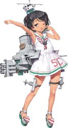 Rule 34 | 1girl, black eyes, black hair, braid, dress, full body, jiji (aardvark), kantai collection, machinery, mole, mole under eye, neckerchief, official art, one eye closed, open mouth, rigging, rudder footwear, sailor collar, sailor dress, scirocco (kancolle), short hair, sleeveless, sleeveless dress, solo, transparent background, turret, two side up, white dress, white sailor collar