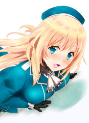 Rule 34 | 10s, 1girl, atago (kancolle), beret, black gloves, blonde hair, blue eyes, blush, breast press, breasts, gloves, hat, heart, heart-shaped pupils, highres, kantai collection, kiko (okuwae), large breasts, lips, long hair, looking at viewer, looking to the side, military, military uniform, open mouth, smile, solo, symbol-shaped pupils, uniform, upper body, weavehabit