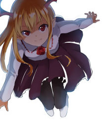 Rule 34 | 1girl, black pantyhose, blonde hair, breasts, demon girl, demon wings, fang, female focus, flower, head wings, long hair, long sleeves, looking at viewer, natsunagi takaki, outstretched arms, pantyhose, purple skirt, red eyes, red flower, red rose, rose, shadowverse, shirt, shoes, simple background, skirt, small breasts, smile, solo, vampy, white background, white footwear, white shirt, wings