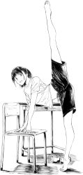 Rule 34 | 1girl, :d, barefoot, chair, desk, greyscale, highres, hiwatari rin, leg up, looking at viewer, midriff peek, monochrome, monochrome, navel, open mouth, original, ponytail, school chair, school desk, shadow, shirt, shoes, unworn shoes, short shorts, short sleeves, shorts, sidelocks, smile, solo, split, standing, standing on one leg, standing split, tiptoes, uwabaki, white background