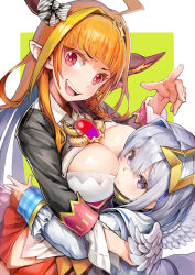 Rule 34 | 2girls, ahoge, amane kanata, blonde hair, border, bow, breast press, breasts, cleavage, closed mouth, commentary request, commission, doukyo&#039;s, dragon girl, dragon horns, fang, green background, hair ornament, hand up, highres, hololive, horns, hug, kiryu coco, kiryu coco (1st costume), kousaku, long hair, long sleeves, looking at viewer, multicolored hair, multiple girls, open mouth, orange hair, pixiv commission, pointy ears, purple eyes, red eyes, short hair, silver hair, simple background, smile, streaked hair, teeth, upper teeth only, virtual youtuber, white border