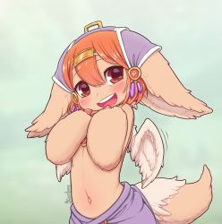 Rule 34 | 1girl, :d, animal ears, animal hands, blush, ears down, furry, furry female, hands up, head scarf, highres, kionant, looking at viewer, made in abyss, narehate, navel, open mouth, orange hair, original, red eyes, round teeth, signature, smile, solo, tail, teeth, upper teeth only, wings