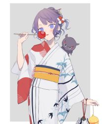 Rule 34 | 1girl, ashita kura, bad id, bad twitter id, blush, candy apple, commentary request, fate/grand order, fate (series), flower, food, hair flower, hair ornament, highres, japanese clothes, katsushika hokusai (fate), kimono, licking, looking at viewer, octopus, purple eyes, purple hair, sash, short hair, smile, solo, tokitarou (fate), two-tone background, wide sleeves