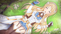 Rule 34 | 1girl, armor, armored dress, belt, belt buckle, blonde hair, blue bow, blue eyes, blue gloves, blue skirt, bow, buckle, corset, crystalline, detached sleeves, closed eyes, faulds, fingerless gloves, flower, from above, garter straps, gauntlets, gloves, gold trim, grass, hair ornament, hairband, highres, leanna dawn, lying, on back, open mouth, panties, pantyshot, pauldrons, sheath, sheathed, shoulder armor, single fingerless glove, single gauntlet, skirt, sleeping, solo, sunimu, sword, thighhighs, unconscious, underwear, weapon, white armor