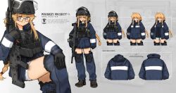 Rule 34 | 1girl, absurdres, ahoge, anchor symbol, assault rifle, blonde hair, blue eyes, blush, braid, braided ponytail, cz 805 bren, english text, gaiters, glasses, gloves, gun, hand on own knee, headset, helmet, highres, indie virtual youtuber, jacket, knee pads, long hair, looking at viewer, magazine (weapon), bulletproof vest, rifle, smile, tactical clothes, thighhighs, very long hair, virtual youtuber, walkie-talkie, weapon, whiskey project, xerbatt, zettai ryouiki