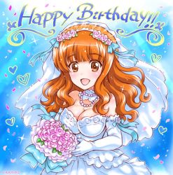 Rule 34 | 1girl, :d, blush, bouquet, breasts, brown eyes, cleavage, dress, flower, girls und panzer, gloves, happy birthday, headband, jewelry, kuromori yako, large breasts, long hair, looking at viewer, necklace, open mouth, orange hair, simple background, smile, solo, takebe saori, thick eyebrows, wedding dress