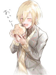 Rule 34 | 1boy, blonde hair, blush, brown shirt, closed eyes, coat, eating, ensemble stars!, food, grey coat, holding, holding food, long sleeves, male focus, ntec231, open mouth, shirt, short hair, smile, solo, sweater, tenshouin eichi, translation request, turtleneck, yellow sweater