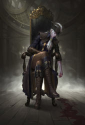 Rule 34 | 1girl, absurdres, armchair, bleeding, blood, bloodborne, blood on clothes, boots, chair, ascot, cross-laced footwear, closed eyes, hat feather, highres, lady maria of the astral clocktower, silver hair, sitting, sleeping, solo, the old hunters, wenfei ye