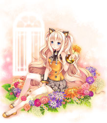 Rule 34 | 1girl, :3, animal ears, bare shoulders, blonde hair, bow, bracelet, daisy, flower, flower request, highres, holding, holding flower, jewelry, long hair, paint musume, rose, seeu, shoes, skirt, smile, solo, thighhighs, very long hair, vocaloid, white thighhighs, zettai ryouiki