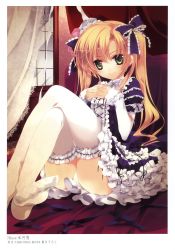 Rule 34 | 1girl, absurdres, bed, blonde hair, crossed legs, dress, feet, frilled dress, frilled thighhighs, frills, green eyes, hair ribbon, hands on own chest, highres, knees up, legs, lolita fashion, minazuki haruka, no shoes, own hands clasped, own hands together, panties, pantyshot, ribbon, sitting, smile, solo, thighhighs, toes, too many, twintails, underwear, white panties, white thighhighs, window