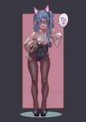Rule 34 | 1girl, absurdres, animal ears, bare shoulders, black footwear, black leotard, blue eyes, breasts, cat ears, cleavage, covered navel, eyelashes, fake animal ears, fingernails, fishnet pantyhose, fishnets, full body, gluteal fold, green hair, headphones, heart, highleg, highleg leotard, highres, holding, kittysuit, large breasts, leotard, lipstick, long hair, makeup, nontraditional playboy bunny, nose, one eye closed, original, pantyhose, pink lips, shoes, smile, solo, speech bubble, spoken heart, standing, strapless, strapless leotard, twintails, xue qi ye (dndtmbdue)